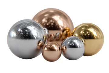 Cluster of Metallic Spheres with Brushed Texture, Reflective Surfaces, Floating Arrangement, Isolated on Transparent Background