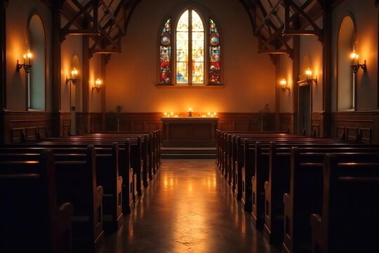 Serene candlelight illuminates a traditional church interior, soft glow on wooden pews and altar Peaceful atmosphere, perfect for faith, religion, spirituality, worship themes , peace, background