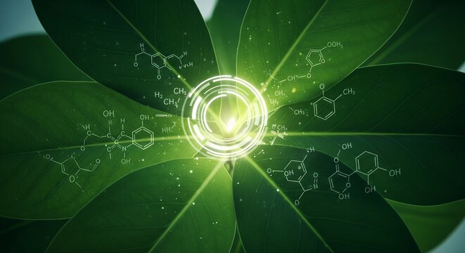 Green leaf with chemical formulas and glowing circle design, ideal for science, nature, and technology concepts. - Powered by Adobe