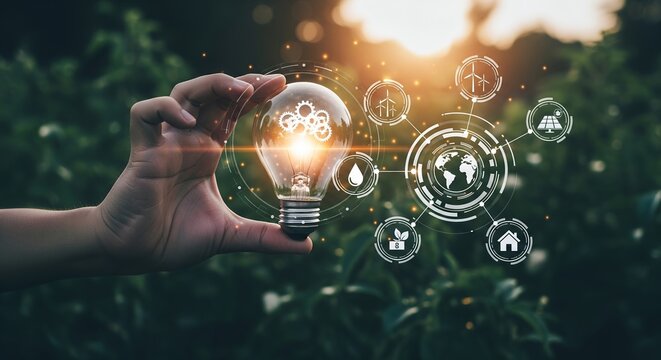 Hand holding illuminated lightbulb with green technology icons and gears inside, representing sustainable energy and innovation.