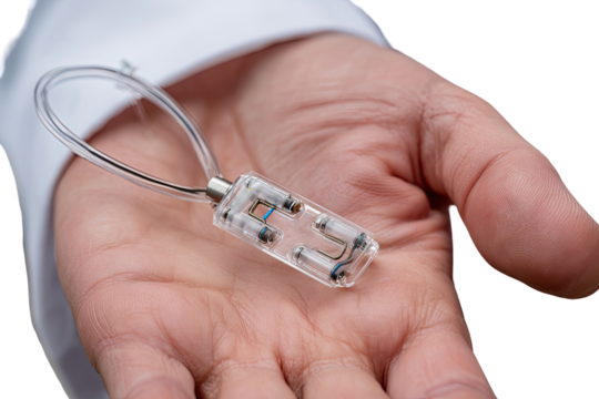 Small, transparent medical device held in a hand.  Clear plastic casing. Thin wires.  Slight blue details