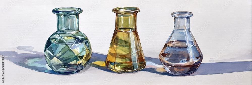 Poster three distinct laboratory flasks in different shapes hold colorful liquids, casting shadows on a cle
