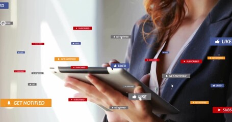 woman tapping tablet as Like prompt activating swirling Subscribe Get Notified icons for marketing