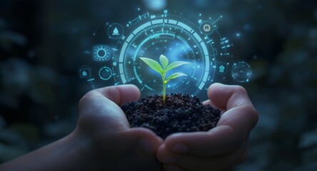 Hands holding a young plant sprout with futuristic technology interface overlay showing growth monitoring and environmental data