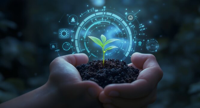 Hands holding a young plant sprout with futuristic technology interface overlay showing growth monitoring and environmental data