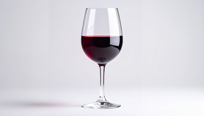 A single elegant glass of dark red wine standing isolated against a plain white studio background.