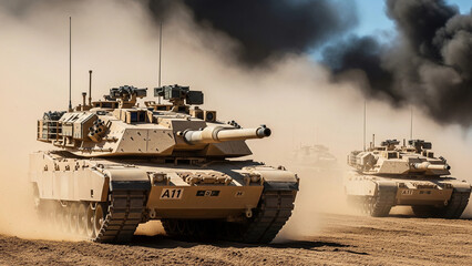 Two powerful military tanks, kicking up dust and smoke, move across a desert landscape. A dynamic image for concepts of war, defense, combat, and military power.