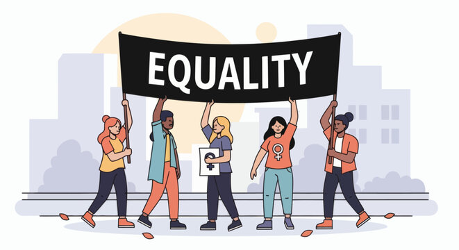 Five diverse people march outdoors holding a black EQUALITY banner and a female gender symbol sign