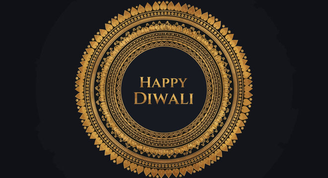 Golden mandala with intricate patterns on a dark background featuring HAPPY DIWALI text in the center