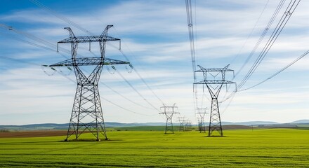 High-voltage power lines across a green field under a blue sky