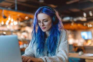 Smiling freelance girl with blue hair working on laptop in loft cafe with modern interior, concept of online work