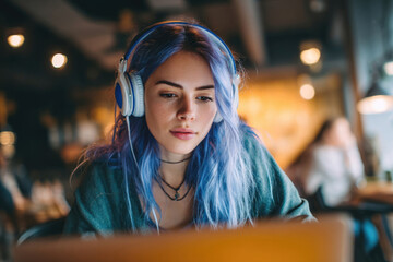 Young freelance woman with blue hair working on laptop in loft cafe with modern interior, concept of online work