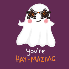 Cute spooky kawaii halloween ghost devil wearing black star shape sunglasses like a rockstar. Funny fun quotes greeting card. Kids nursery children illustration icon clipart sticker