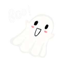 Obraz premium Cute chibi kawaii happy smiling halloween spooky ghost with boo text word funny quotes emoticon emoji smiley children illustration icon clipart sticker