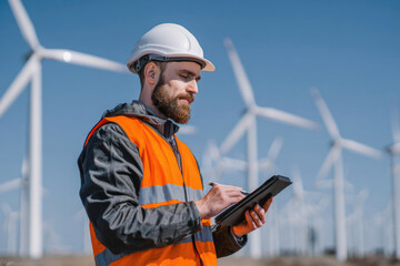 Engineer in hard hat and orange vest holds digital tablet in hands against wind power plant on sunny day. Concept of modern technologies at work, generating eco-friendly electricity, wind farm