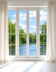 Obraz premium Sunlight streams through a white window, revealing a park and river