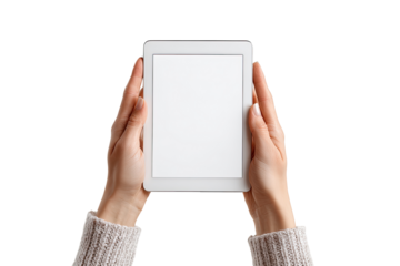 Hands holding a white tablet with blank screen, top-down view