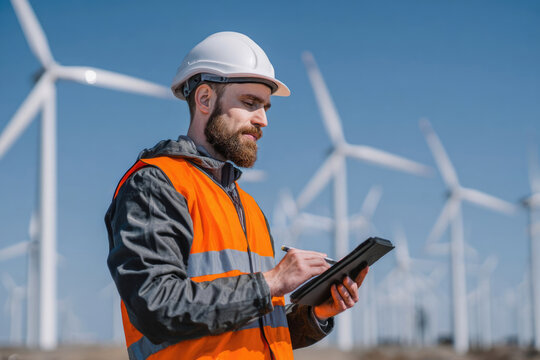 Engineer in hard hat and orange vest holds digital tablet in hands against wind power plant on sunny day. Concept of modern technologies at work, generating eco-friendly electricity, wind farm