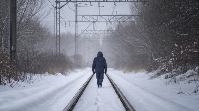 A solitary figure walks along snowcovered railway tracks in a winter landscape, creating a sense of isolation and journey ahead - Powered by Adobe