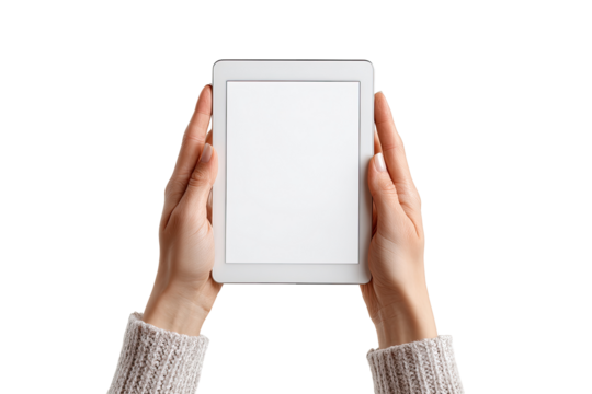 Hands holding a white tablet with blank screen, top-down view