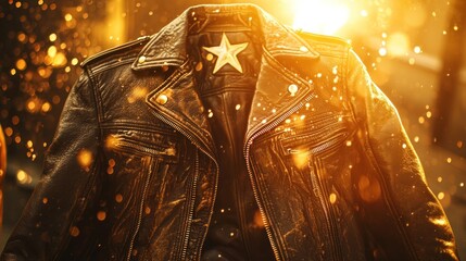 Dark brown leather jacket, star detail,  industrial backdrop