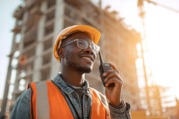 Construction worker in orange hard hat and vest holding walkie-talkie at outdoor construction site. Smiling African engineer using walkie-talkie
