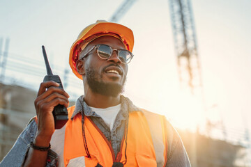 Construction worker in orange hard hat and vest holding walkie-talkie at outdoor construction site. Smiling African engineer using walkie-talkie