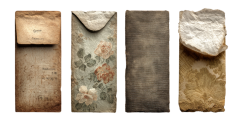 Vintage Paper Envelopes with Unique Textures and Floral Designs on Transparent Background