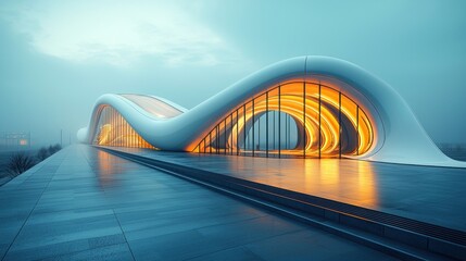 Modern, futuristic building with flowing curves.  Exterior architectural design, illuminated by warm lighting