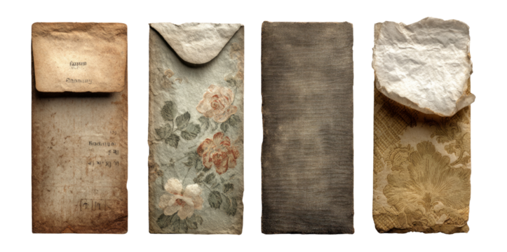 Vintage Paper Envelopes with Unique Textures and Floral Designs on Transparent Background