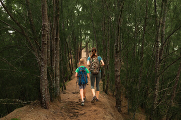 Obraz premium A mother and child enjoying a nature hike through a dense forest trail with backpacks and exploring the outdoors, surrounded by tall trees in forest, adventure in nature 