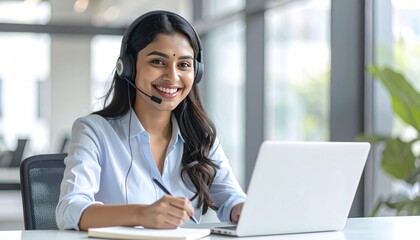 Smiling woman with a headset working at a laptop, taking notes in a bright office setting. Pleasant, professional demeanor