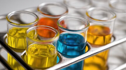 Bright yellow, blue, orange, and other liquids fill glass test tubes, showcasing vibrant colors in a laboratory setting focused on scientific experimentation.