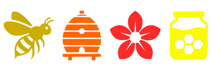 Bee and Honey Elements, golden bee in flight, an orange beehive, a red five-petal flower, and a yellow jar of honey with honeycomb shapes visible.
