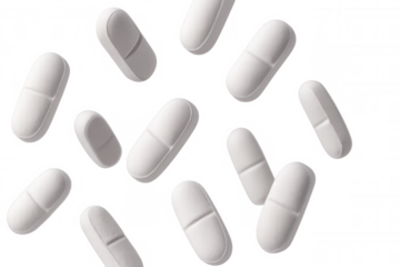 White pharmaceutical pills dropping against transparent backdrop, illustrating medical and healthcare themes with crisp visual dynamics