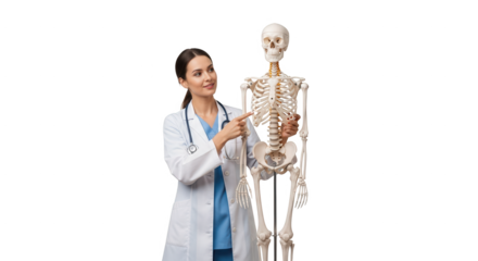 A young female doctor wearing a white lab coat and stethoscope is pointing at a human skeleton emphasizing anatomical details for educational purposes