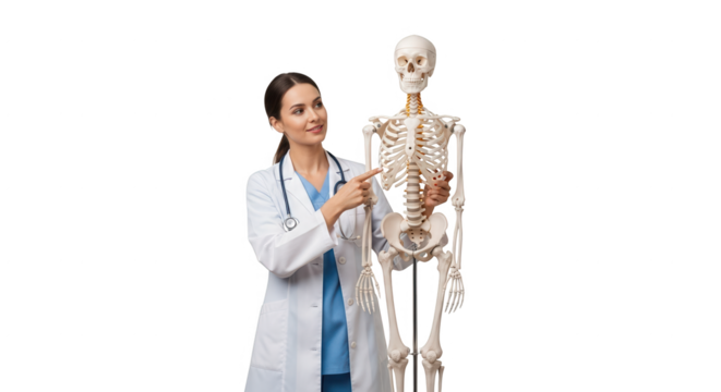 A young female doctor wearing a white lab coat and stethoscope is pointing at a human skeleton emphasizing anatomical details for educational purposes