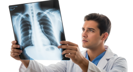Doctor Examines Chest X-Ray Showing Lungs and Ribs On White Background With Transparent Background