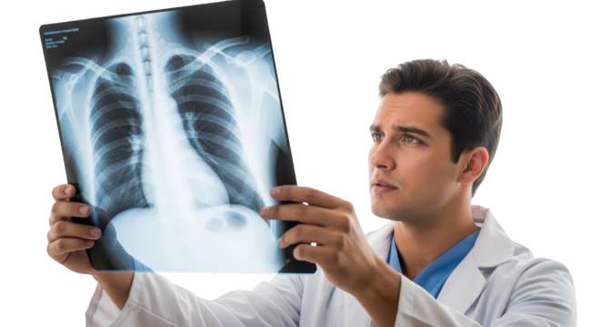 Doctor Examines Chest X-Ray Showing Lungs and Ribs On White Background With Transparent Background - Powered by Adobe