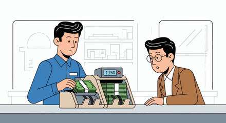Two men at a bank counter one operating a money counter displaying 1250 the other observing