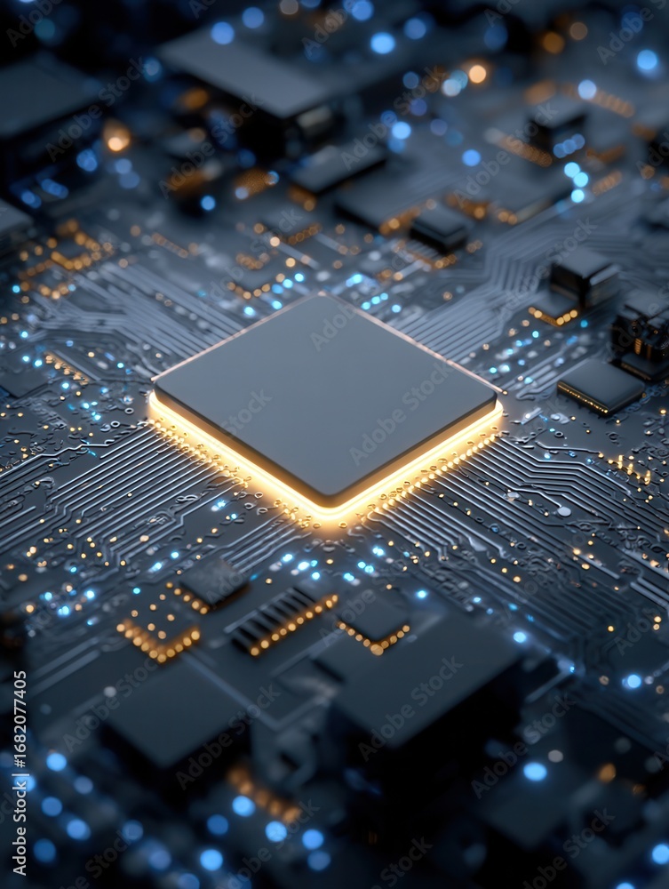 Poster computer processor glowing amidst intricate circuit board design