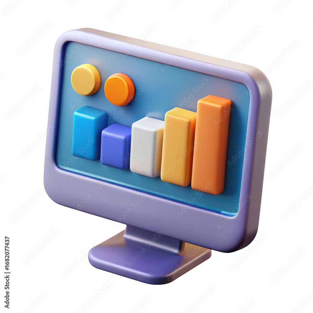 Poster 3d computer monitor displaying bar chart isolated on transparent background