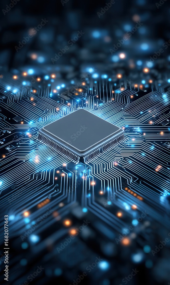 Aufkleber microchip on a circuit board with glowing connections in a dark setting