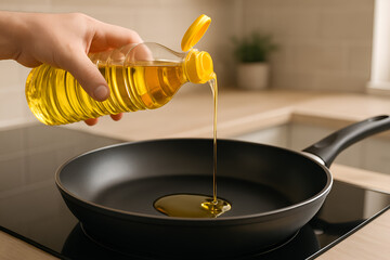 Pouring healthy olive oil into a frying pan on the stove for a delicious and nutritious home cooked meal preparation