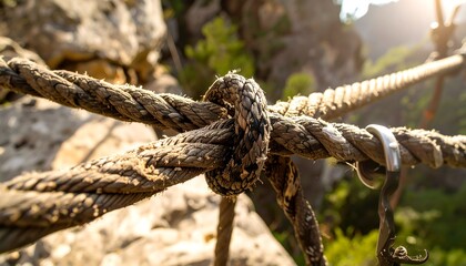 Close-up of a weathered rope knot on a mountainside.  Sunlight highlights the texture
