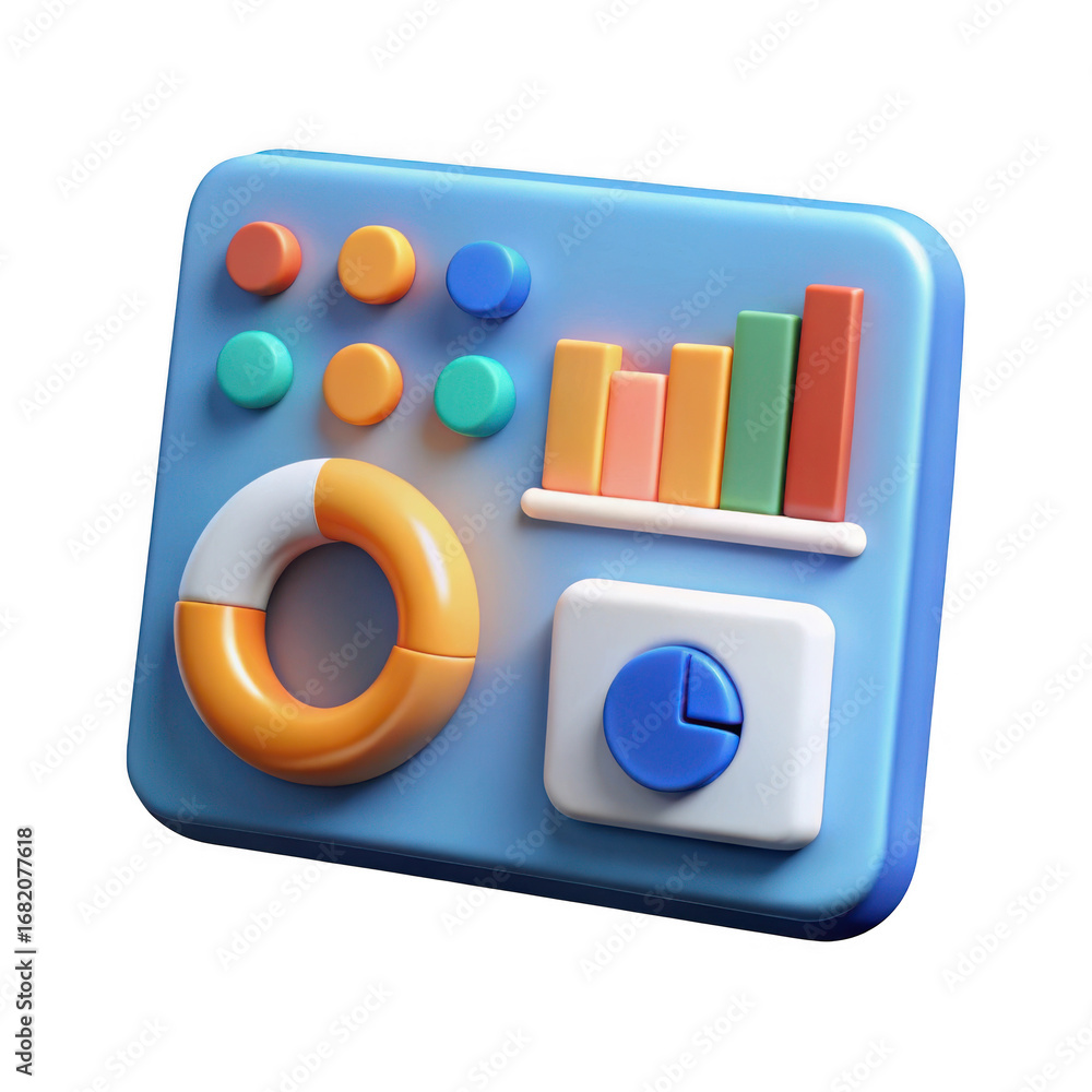 Poster 3d data visualization dashboard with charts and knobs isolated on transparent background