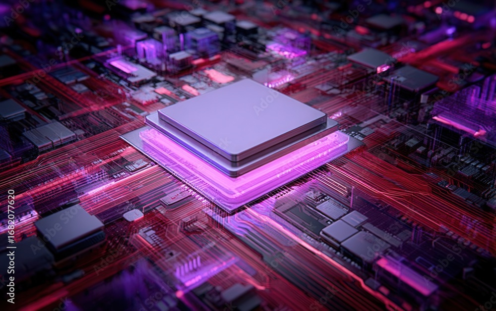 Poster modern computer chip design with vibrant circuits and neon lights