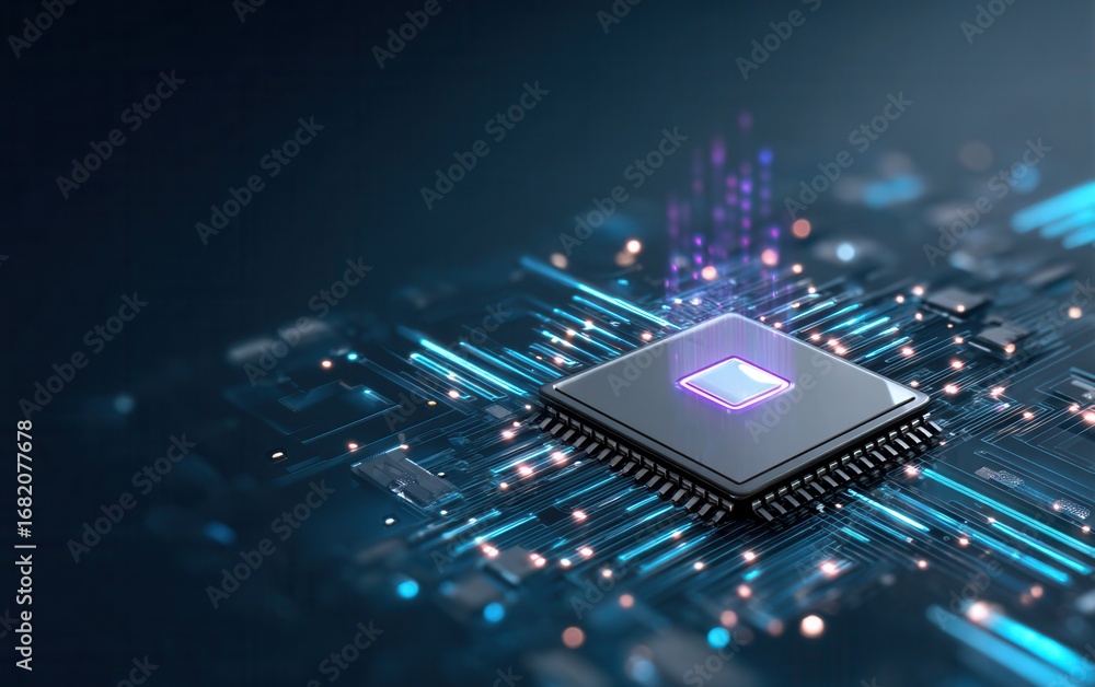 Poster modern computer chip surrounded by glowing circuits and connections