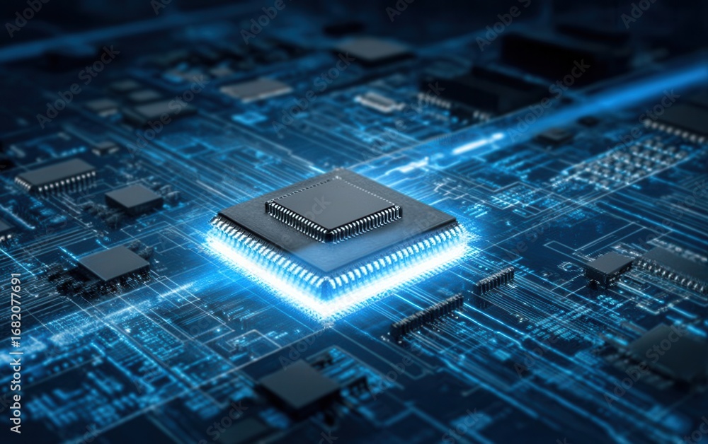 Poster detailed view of an advanced microchip on a complex circuit board layout