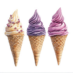 watercolor of Ice Cream Pastel Cones, vector, isolated on a white background.